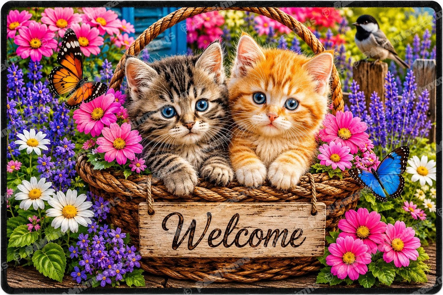 PC-001 Kittens in Basket — Digitally Printed Tufted Coir Door Mat Artwork
