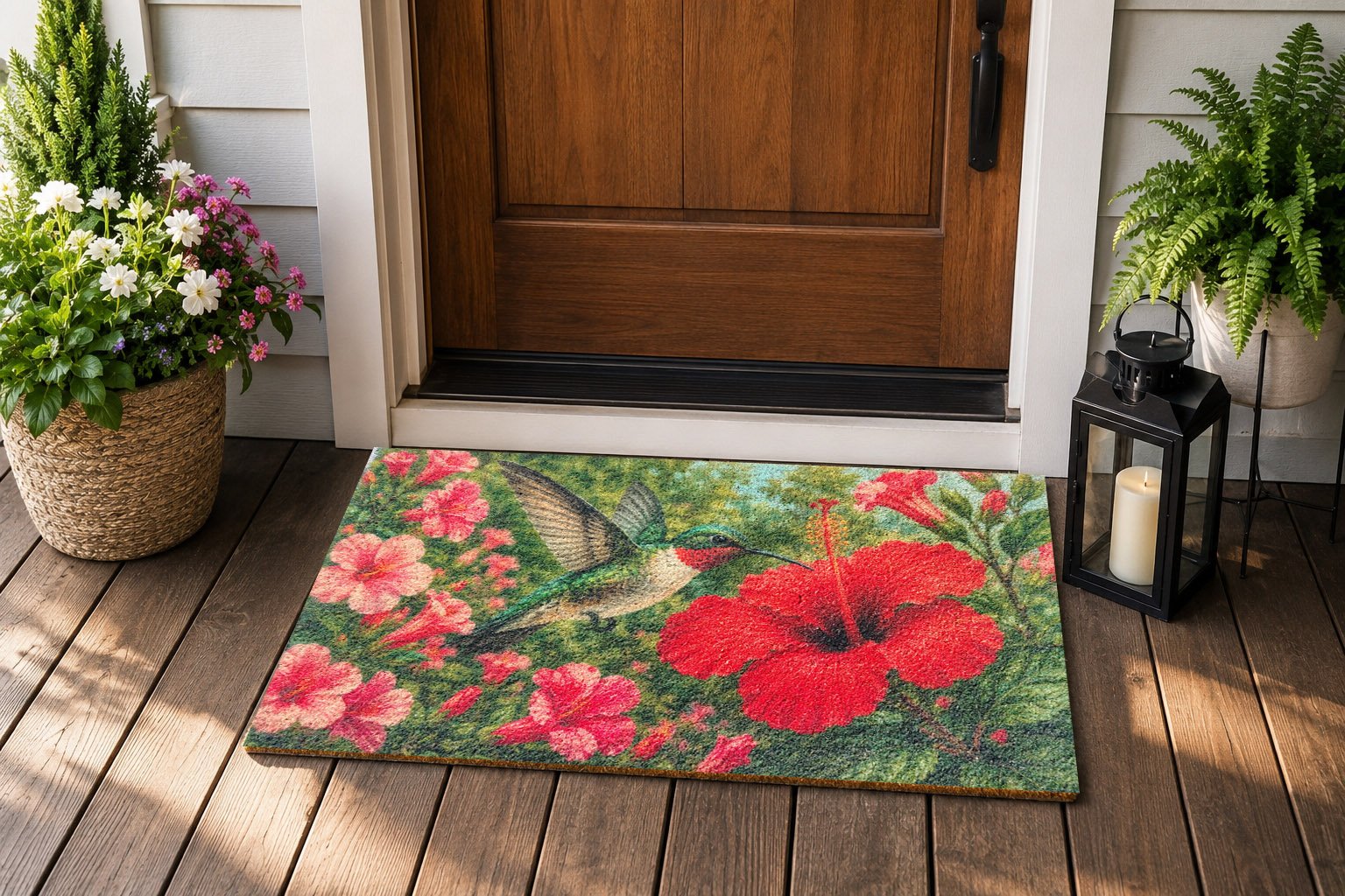 BC-001 Hummingbird Garden — Real Printed Tufted Coir Door Mat at Entrance