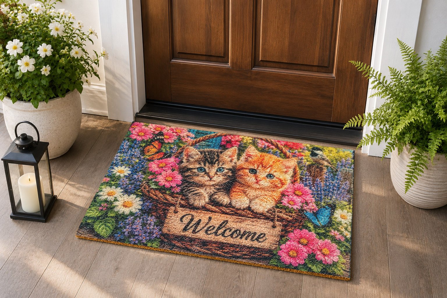 PC-001 Kittens in Basket — Real Printed Tufted Coir Door Mat at Entrance