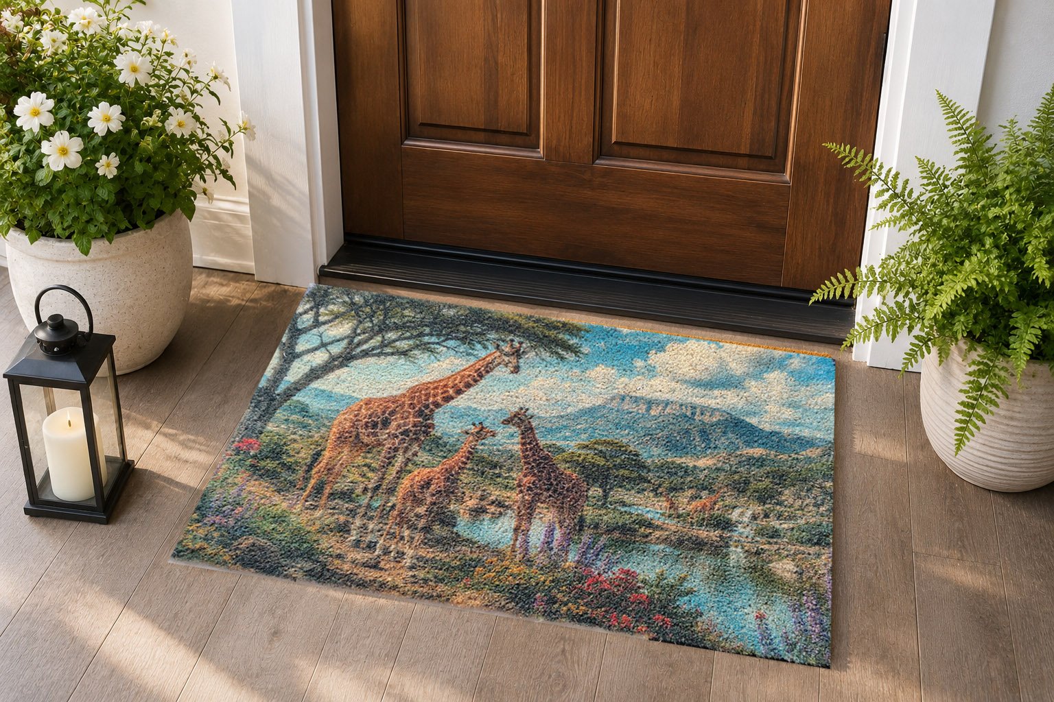 WC-002 Giraffe Family — Real Printed Tufted Coir Door Mat at Entrance